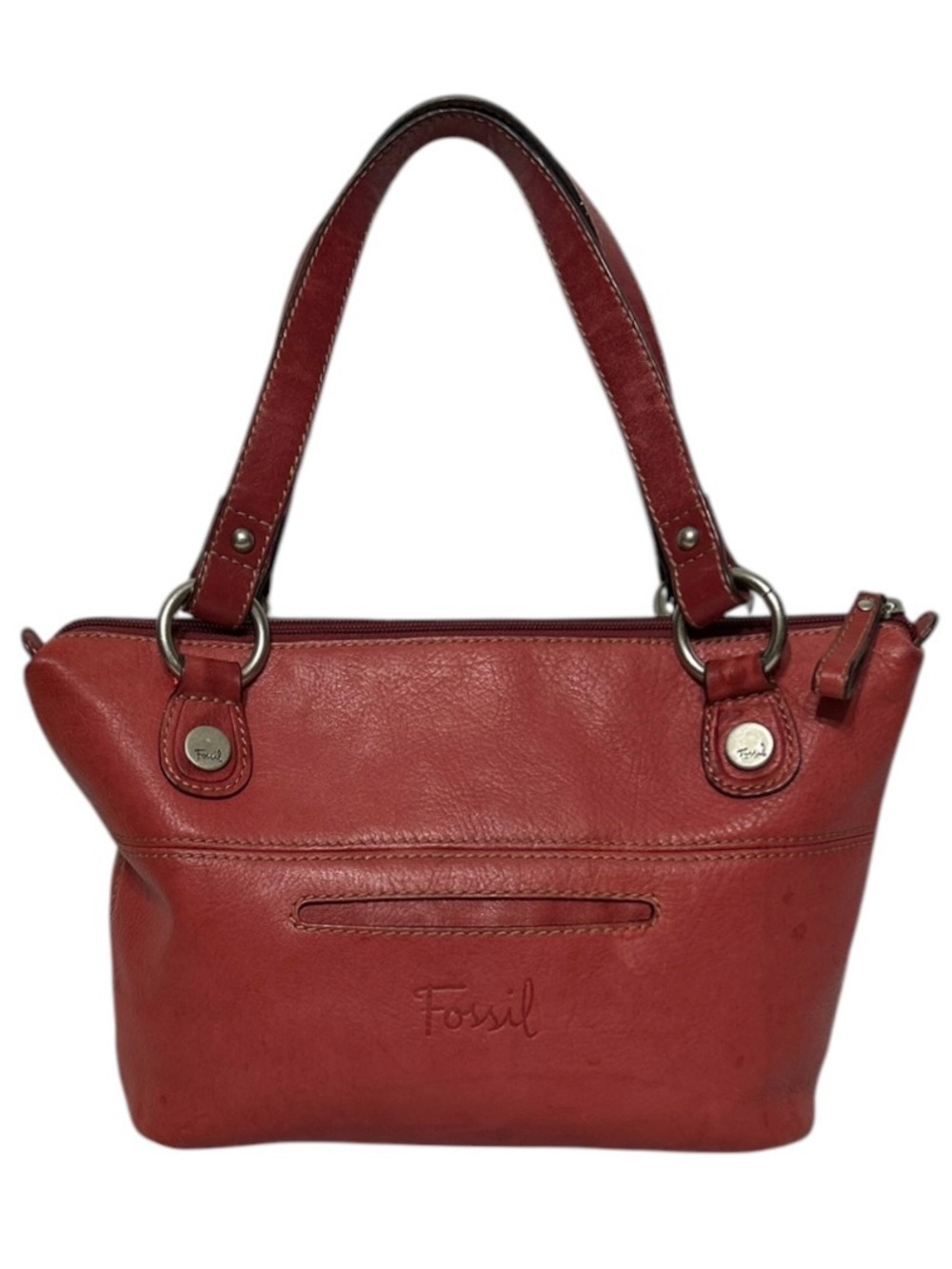 Vintage Fossil Shoulder Bag Red Pebbled Leather Y2K Handbag Purse Tote Satchel